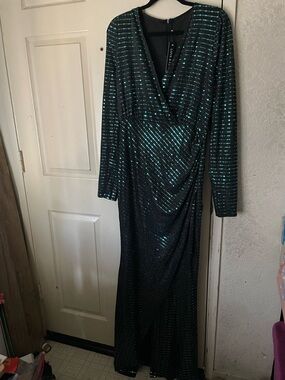 Love and Lemonade Black Long Sleeve Wrap Maxi Dress with Teal Sequin Stripes NWT